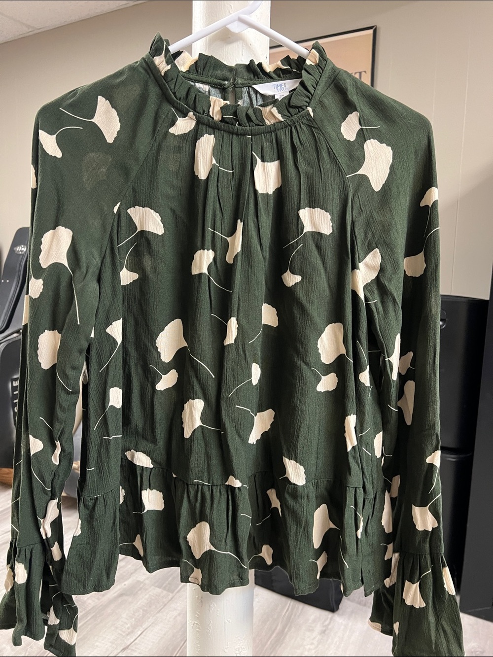 Time and Tru Dark Green and Cream Floral Peasant Blouse